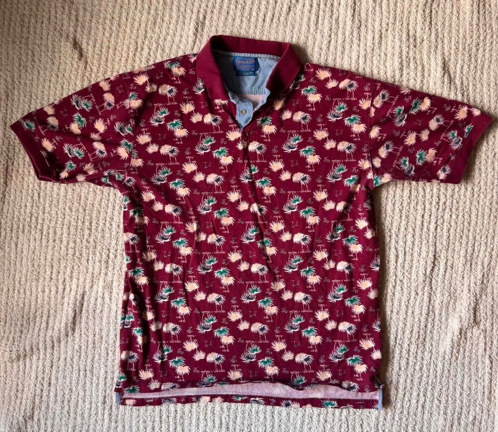 Pendleton Men’s XL Burgundy Tropical Palm Print Polo Shirt 100% Cotton Casual